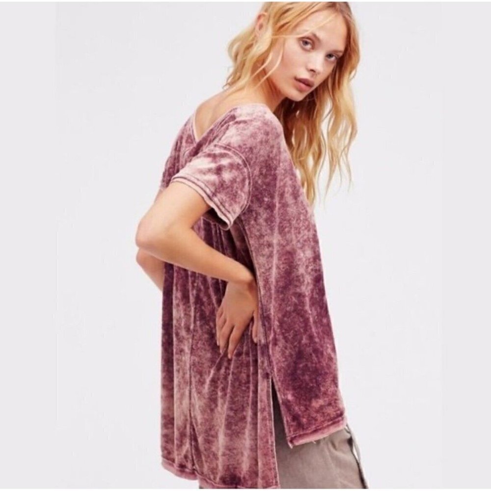 Free People Womens Doran Top Sz S Sangria Velvet Oversized Tee Boho Distressed